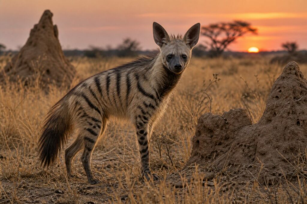 Au crépuscule, protèle africain dans la savane sèche (Proteles cristata)