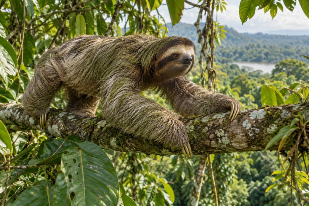 Traversée de canopée — paresseux à gorge brune (Bradypus variegatus) avançant sur une haute branche parmi les lianes