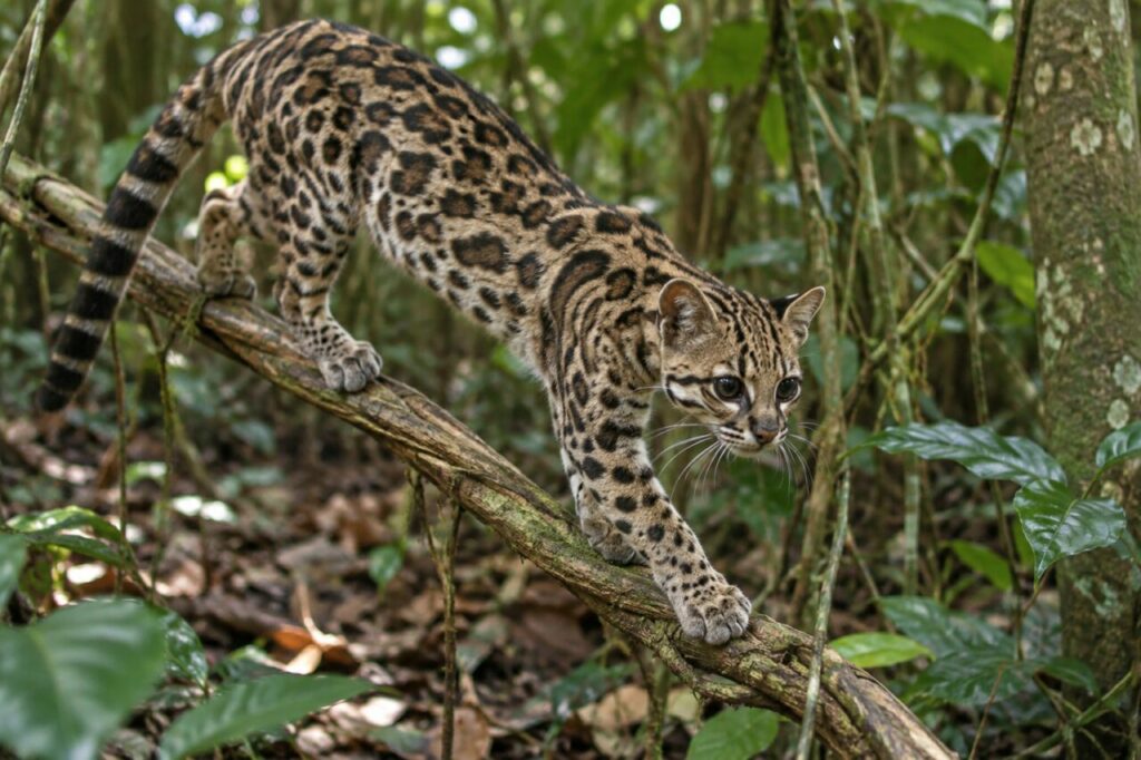 Au-dessus des feuilles, un margay sur une liane feuillue