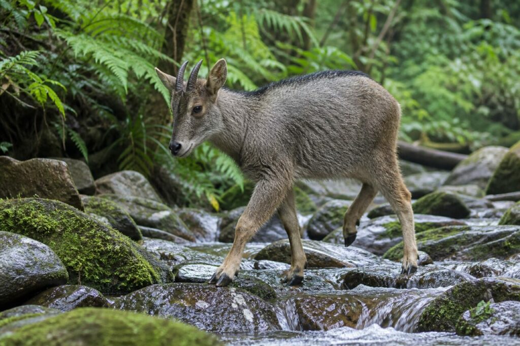 Au fil du torrent, goral de Chine dans la forêt nuageuse