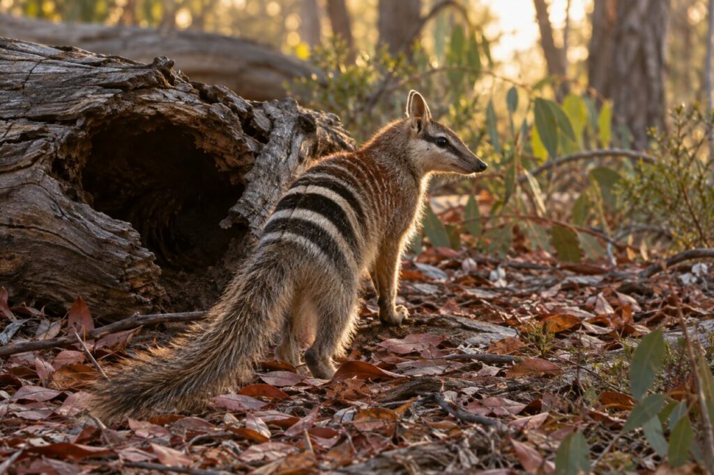 Au lever du jour, le numbat veille près d’un tronc creux