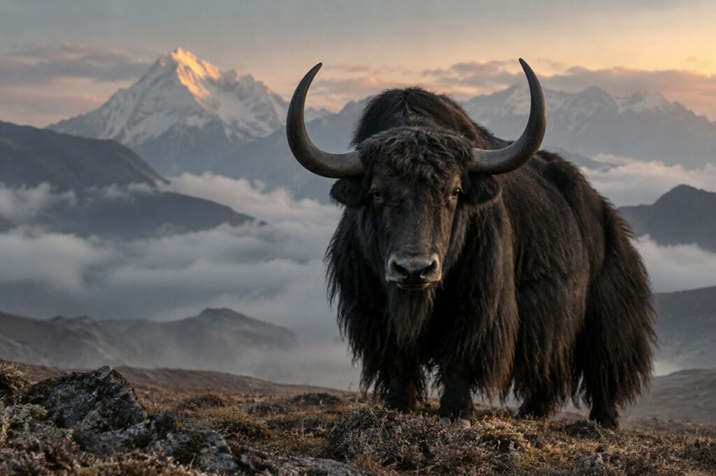 Au lever du jour — yack sauvage (Bos mutus) sur une crête rocailleuse face aux sommets de l’Himalaya