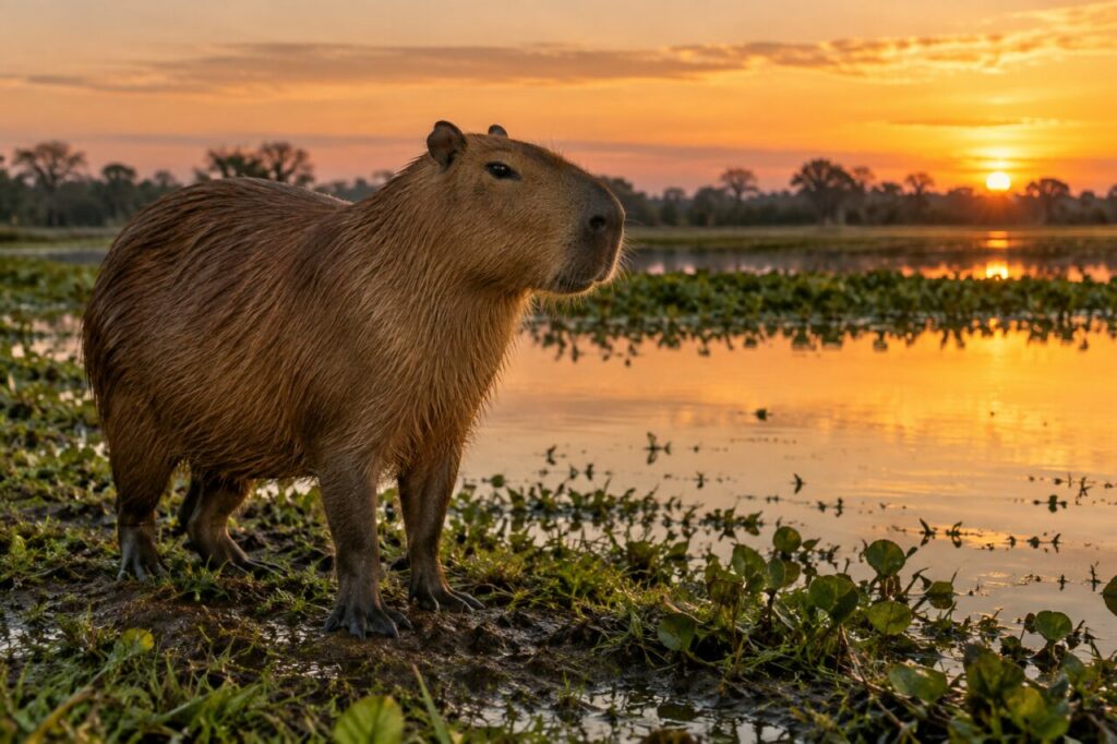 Au lever du soleil — capybara (Hydrochoerus hydrochaeris) sur la berge d’un marais du Pantanal