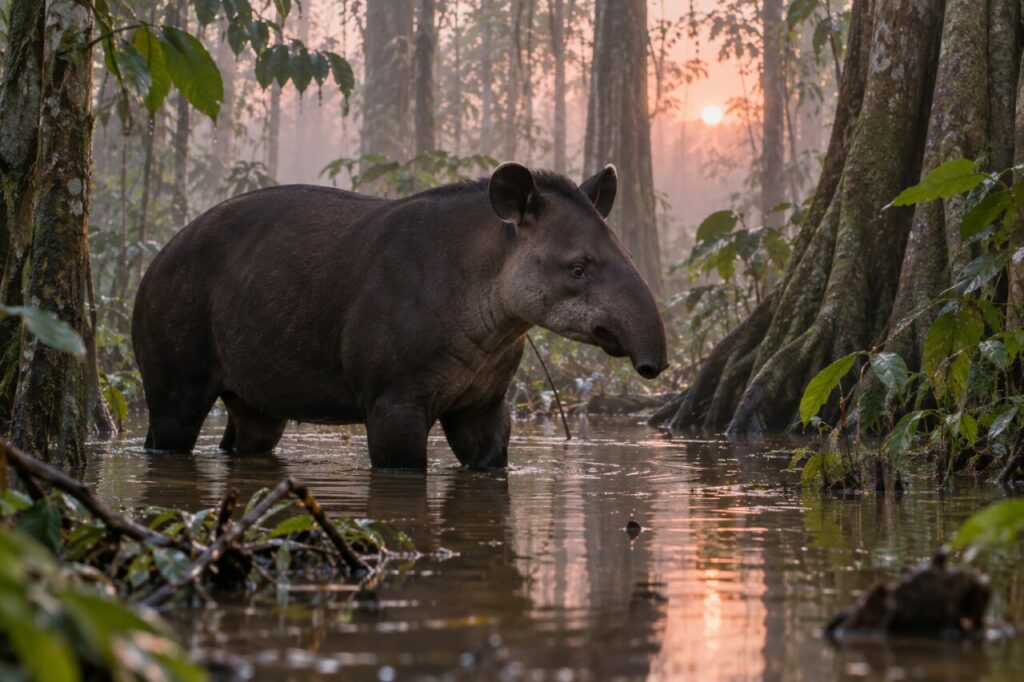 Aube amazonienne — tapir terrestre (Tapirus terrestris), marchant dans la forêt inondée