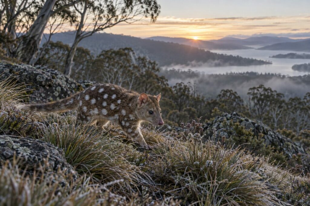 Aube givrée — quoll oriental (*Dasyurus viverrinus*)