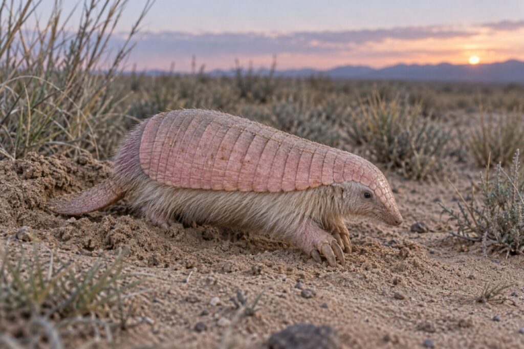 Dans le sable ocre, le tatou tronqué émerge à l’aube