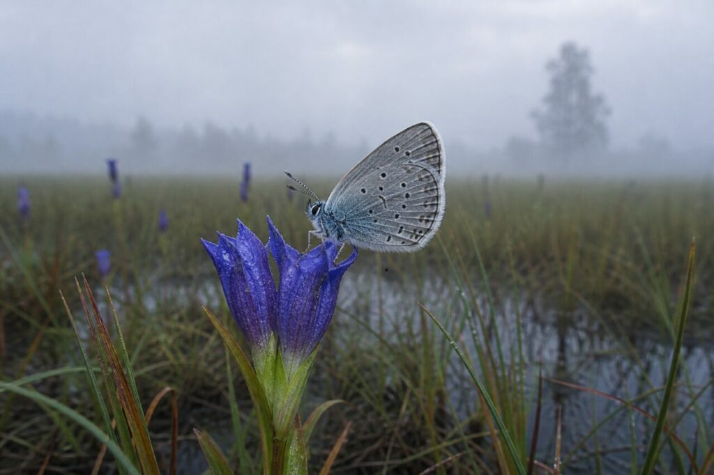 adult Alcon blue in side profile on marsh gentian in a mist-covered European bog