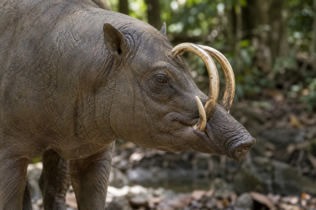 Babirussa de Sulawesi — a close profile showing curved tusks
