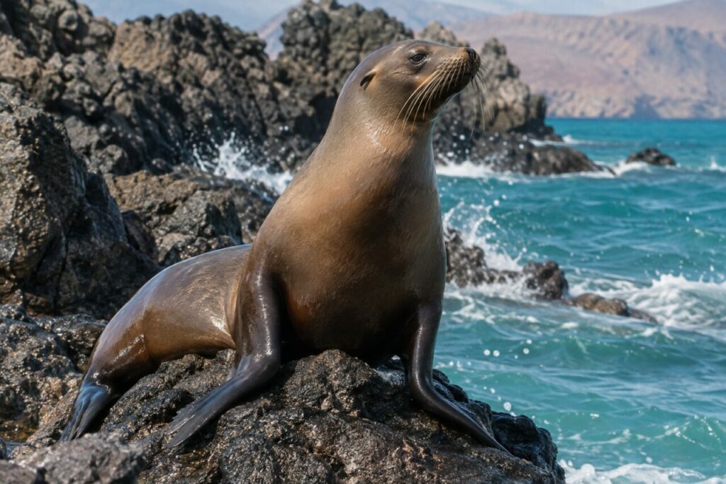 Baie turquoise derrière une otarie brune dressée sur des roches volcaniques noires