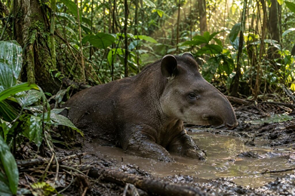 Bauge de la forêt — tapir terrestre (Tapirus terrestris), reposant sous la canopée