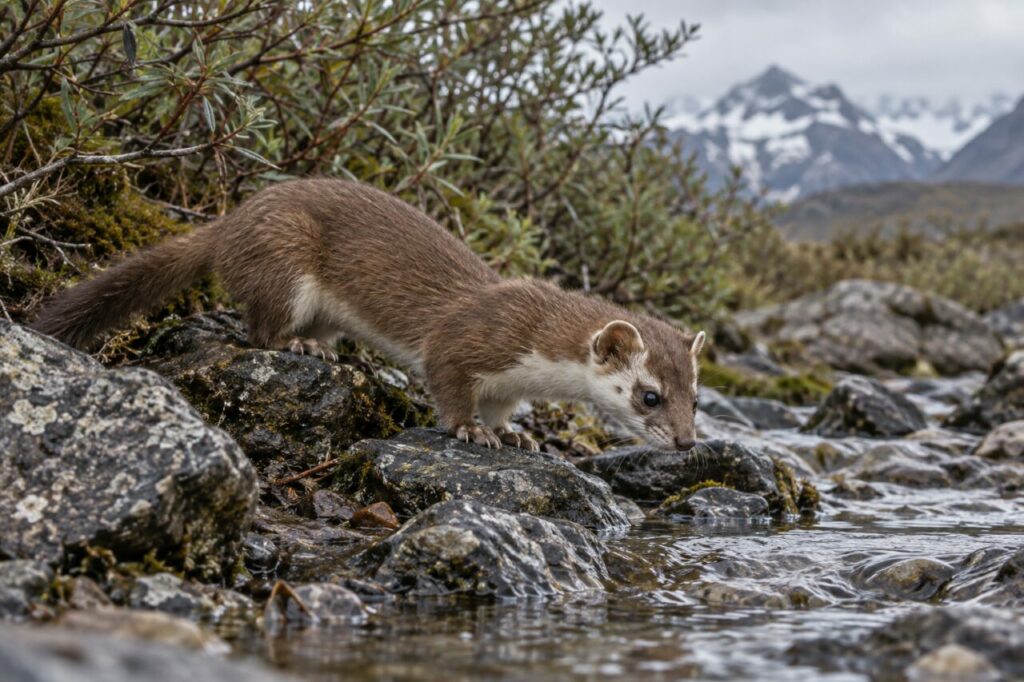 Belette de Patagonie au bord d’un ruisseau andin