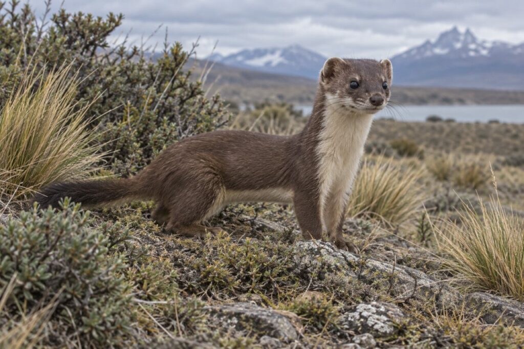 Belette de Patagonie debout dans la steppe australe