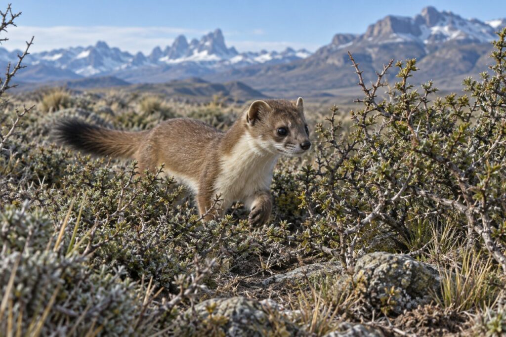 Belette de Patagonie entre les buissons épineux