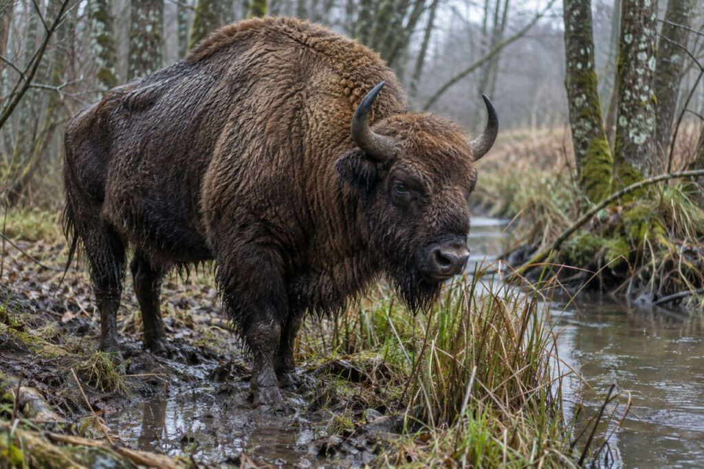 Berge humide — bison d’Europe (Bison bonasus), immobile près d’un ruisseau forestier après la pluie