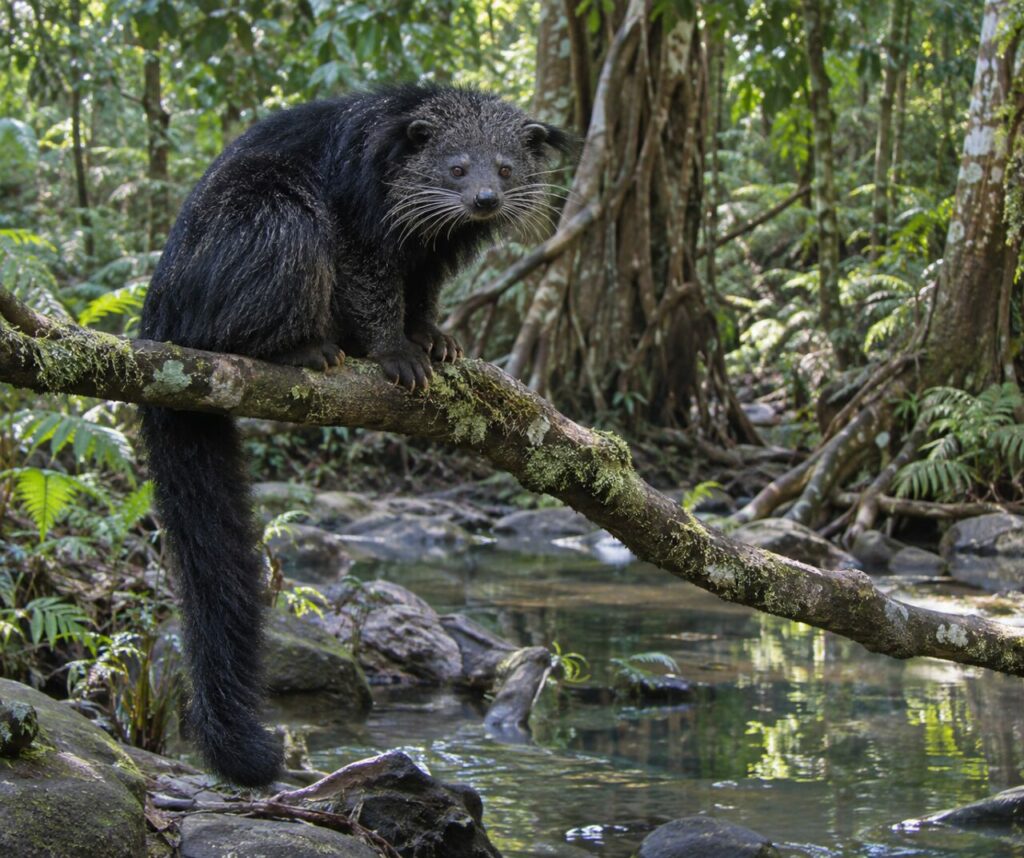 Binturong installé sur une branche au-dessus d’un ruisseau forestier (Arctictis binturong)