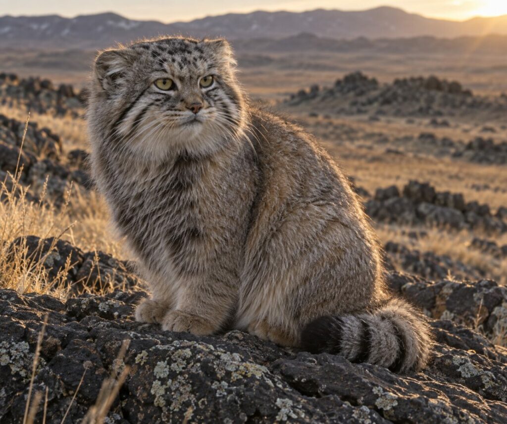 Bloc de basalte sombre sous un chat de Pallas au corps compact