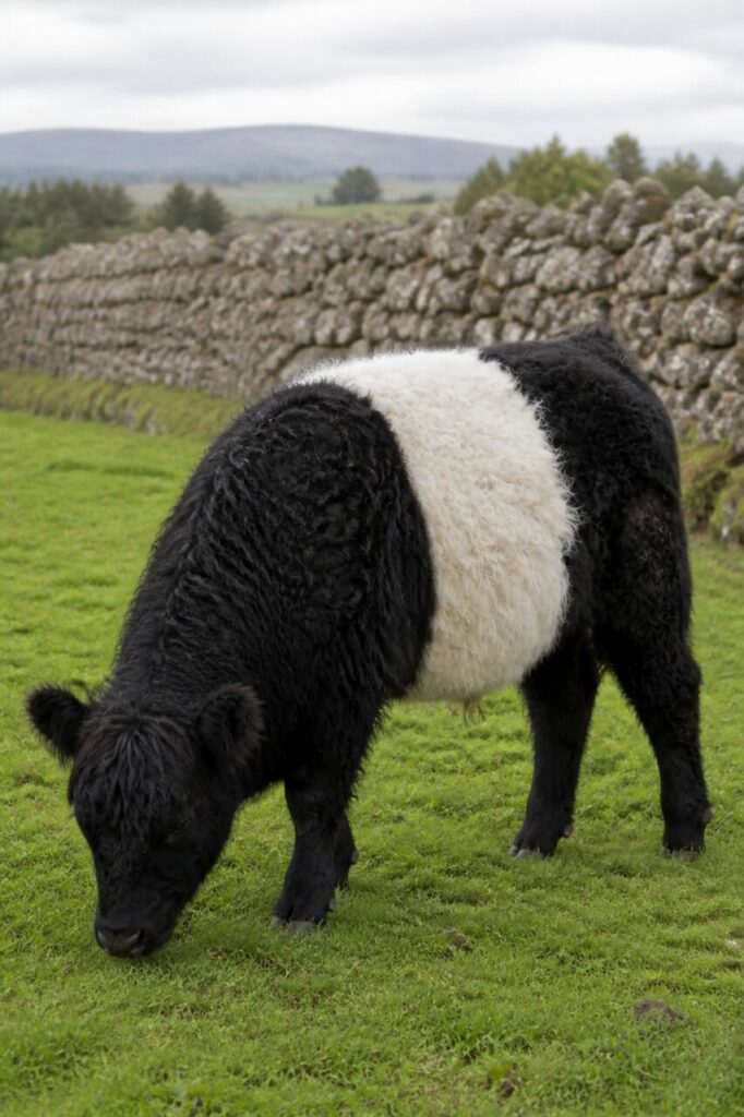 Gesenkter Kopf beim Grasen unter dem breiten weißen Fellgürtel — Belted-Galloway-Rind