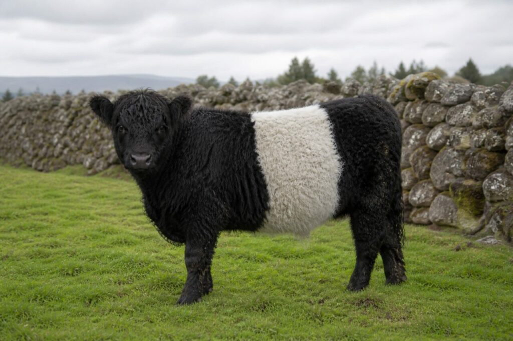 Breiter weißer Gürtel um das schwarze Rind neben einer Steinmauer — Belted-Galloway-Rind