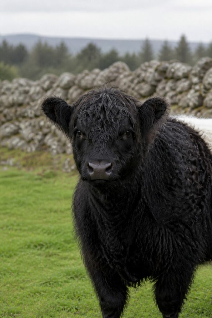 Unter lockiger Stirnbehaarung schaut das Belted-Galloway-Rind geradeaus — Belted-Galloway-Rind
