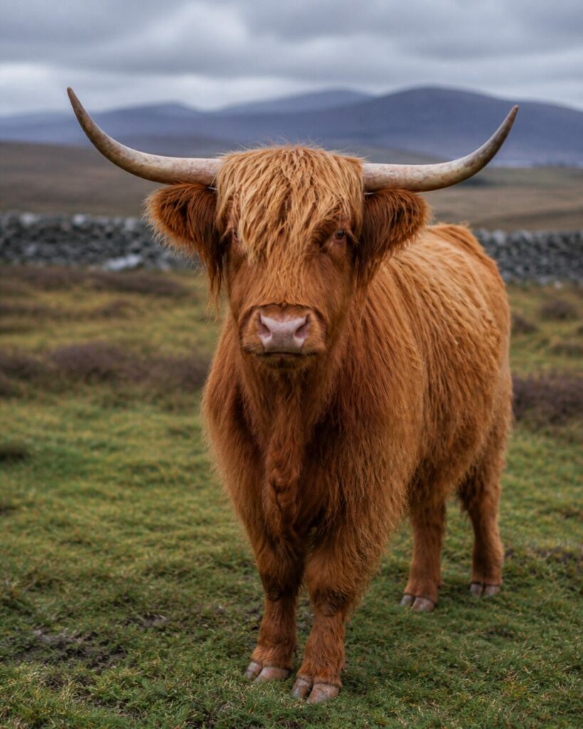 Lunga frangia davanti alla brughiera — Bovino di tipo Highland