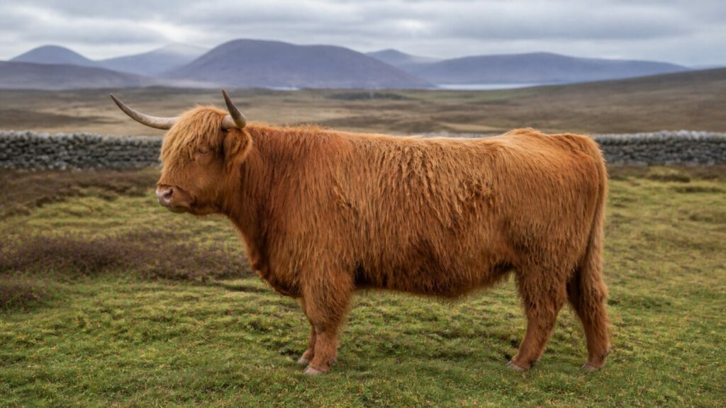 Corpo rossiccio lungo il muretto a secco — Bovino di tipo Highland