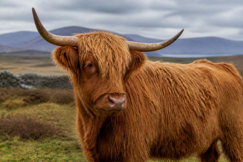 Muso pallido sotto la frangia — Bovino di tipo Highland