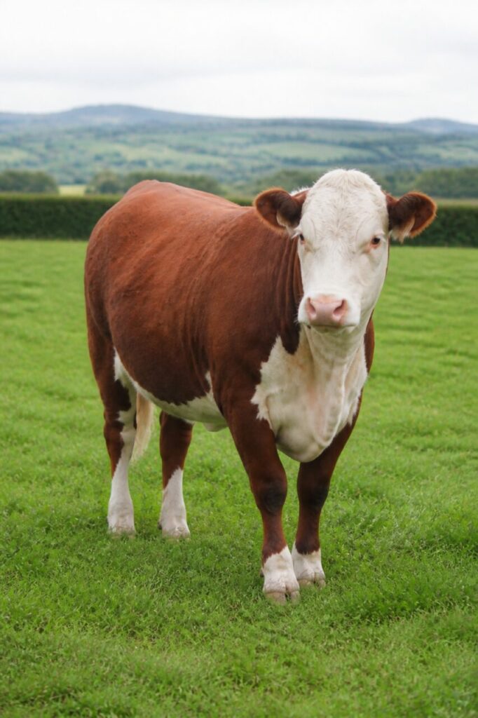 Bovino robusto immobile davanti alla siepe — Bovino domestico di tipo Hereford