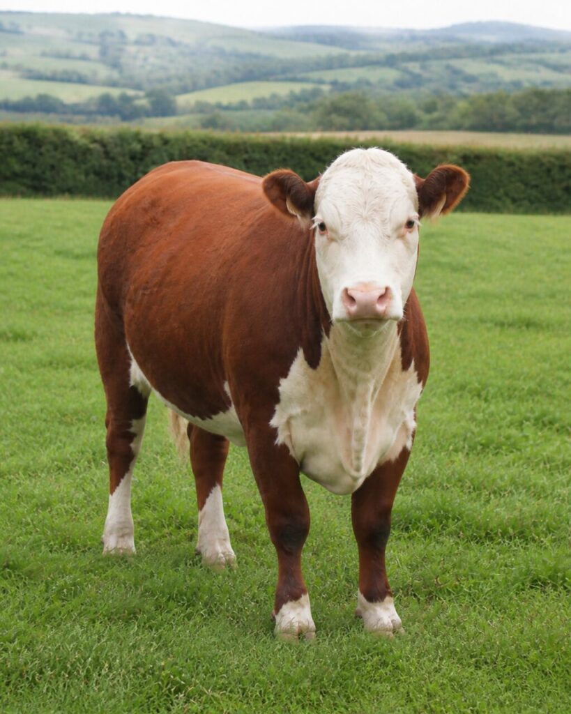 Muso bianco sopra lʼerba verde — Bovino domestico di tipo Hereford
