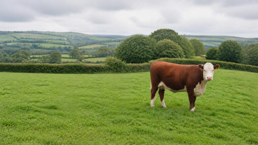 Macchia rossiccia isolata nel vasto prato — Bovino domestico di tipo Hereford