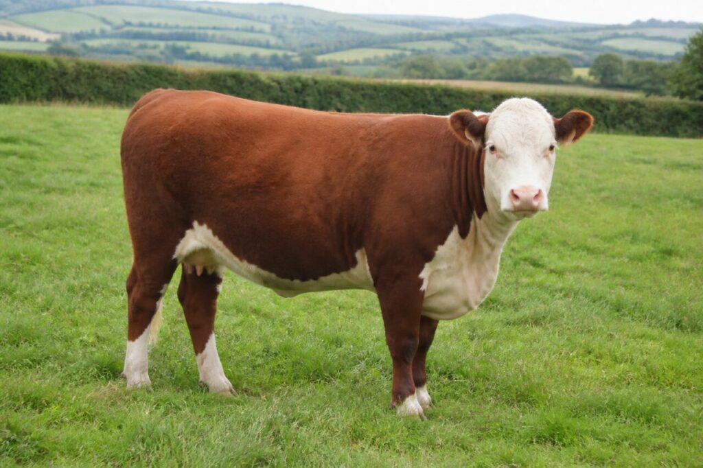Bovin Hereford adulte dans une prairie bocagère du Herefordshire, Angleterre
