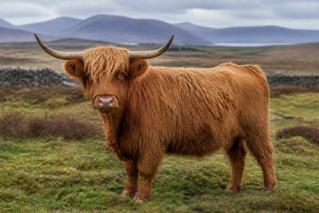 Bovin Highland adulte dans une pâture venteuse des Highlands, Écosse
