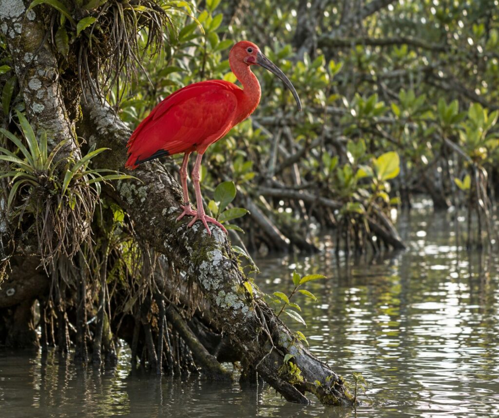 Branche de palétuvier — ibis rouge (Eudocimus ruber), perché au-dessus de l’eau de Guyane