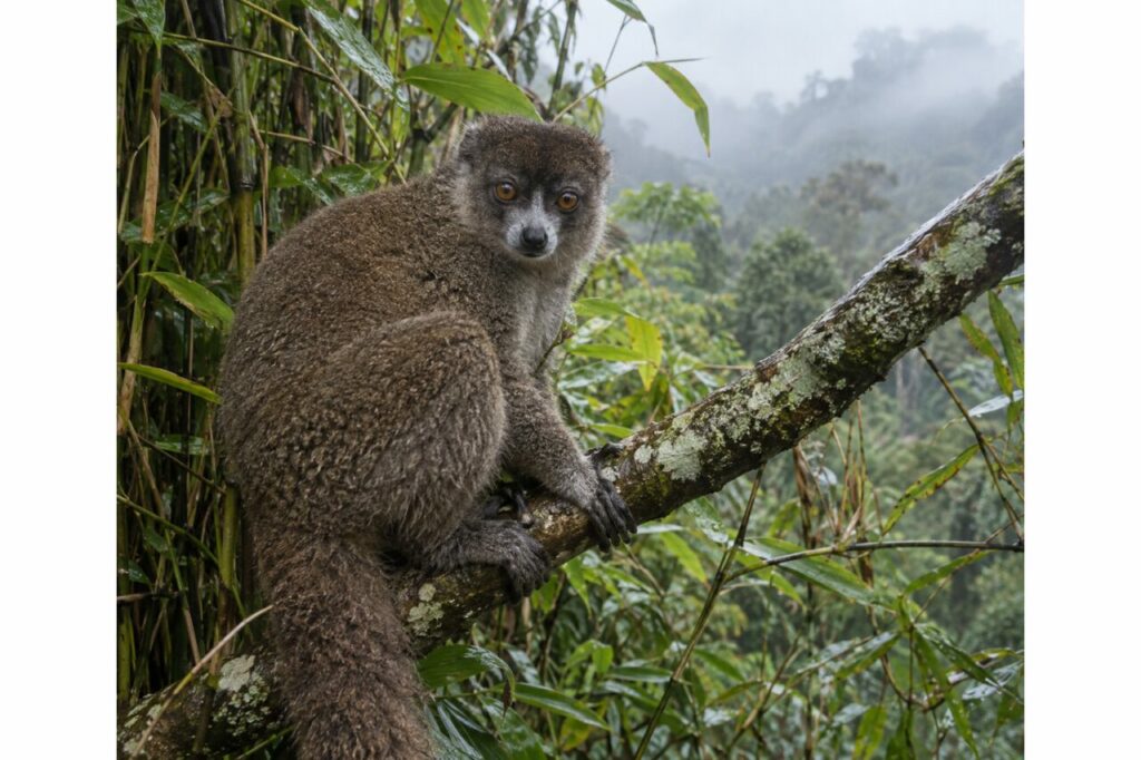 Branche licheneuse et grand hapalémur aux mains agiles