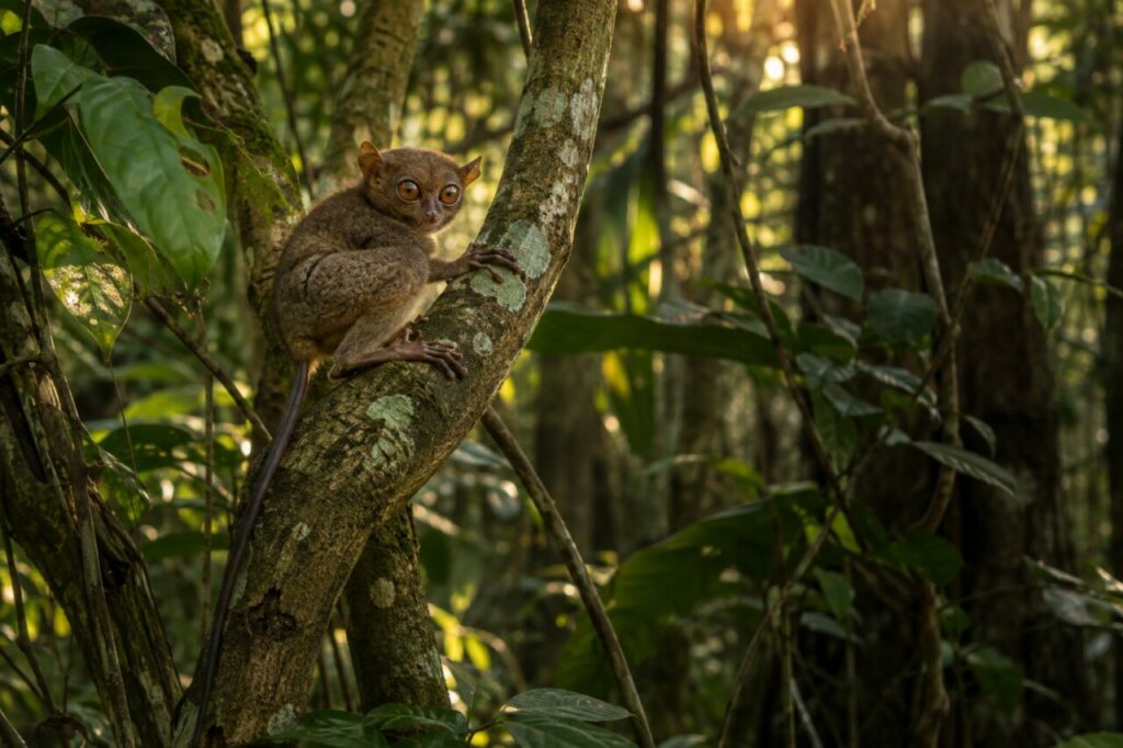 Branches couvertes de lichens autour d’un tarsier des Philippines (Carlito syrichta)