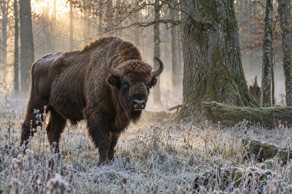 Brume de Białowieża — bison d’Europe (Bison bonasus), debout dans une clairière ancienne au lever du jour