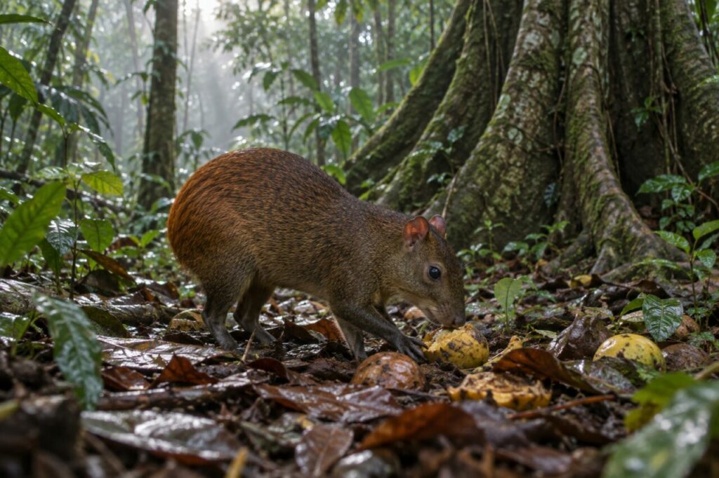 Brume forestière — agouti d’Amérique centrale (Dasyprocta punctata), fouillant la litière humide