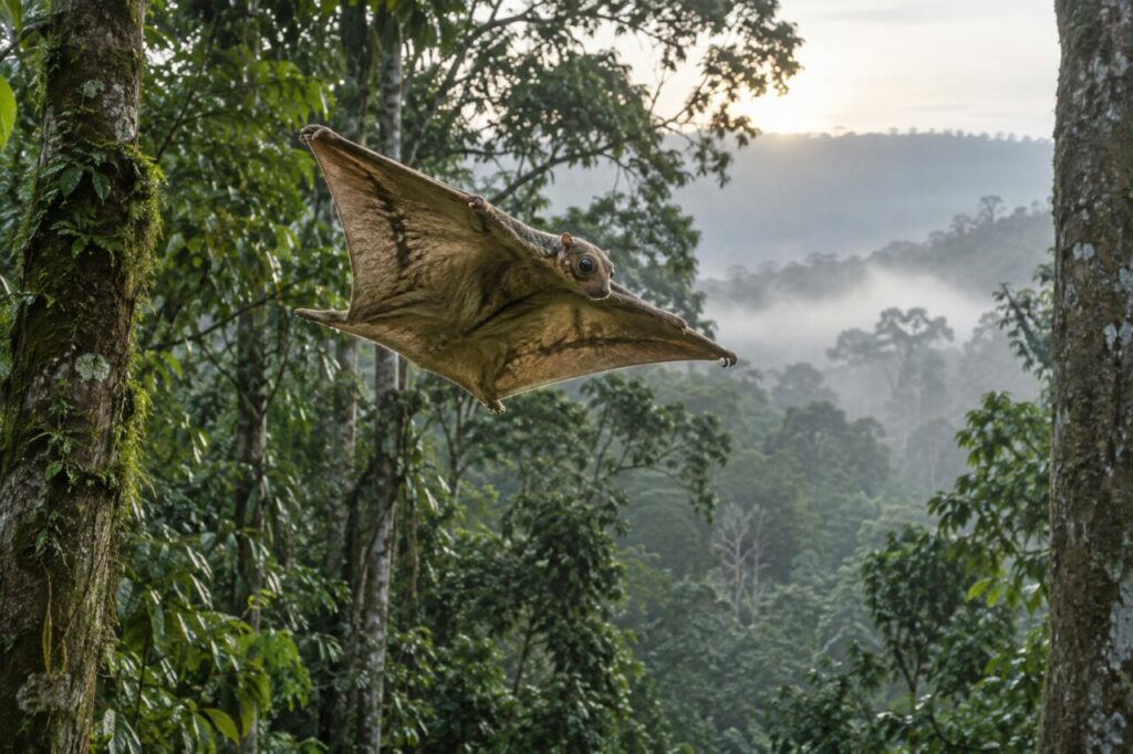 Brume de l’aube — colugo de la Sonde (Galeopterus variegatus), planant entre les diptérocarpes de Malaisie