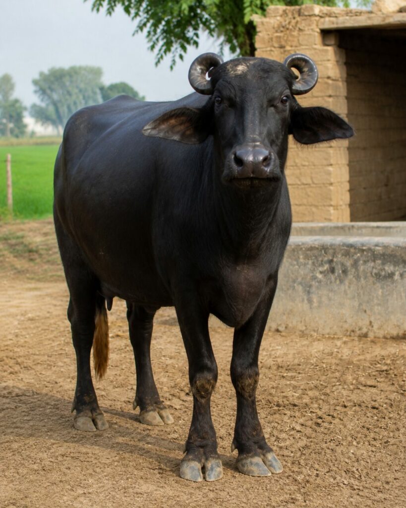Bufalo nero davanti a un edificio di terra — Bufalo domestico