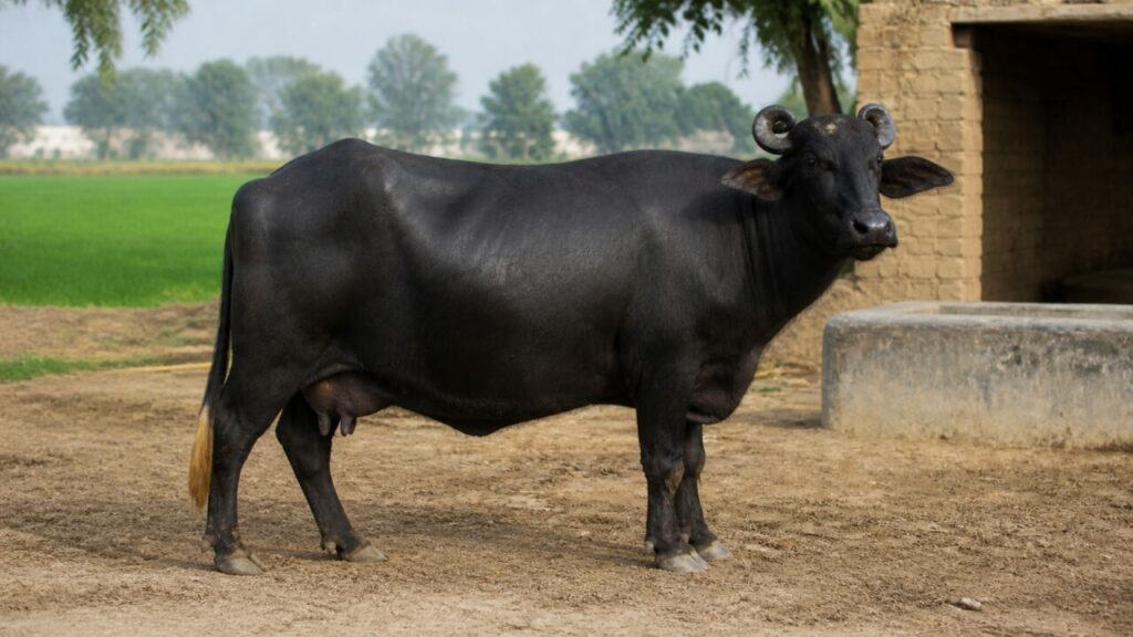 Ampio fianco rivolto verso i campi verdi — Bufalo domestico