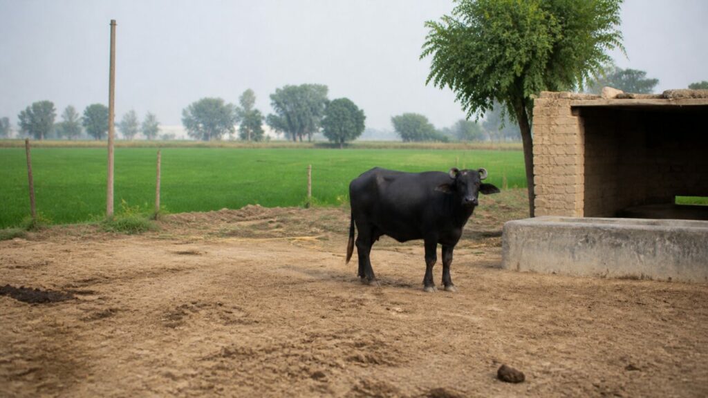 Animale isolato nellʼampio cortile agricolo — Bufalo domestico