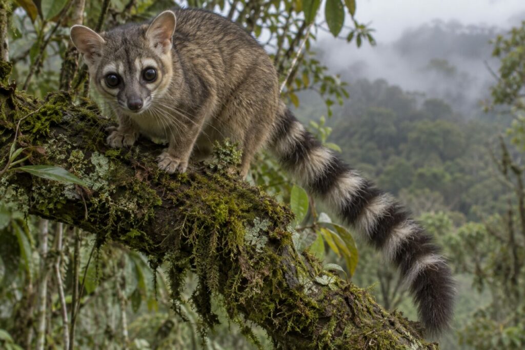 Cacomistle des forêts mexicaines — close portrait with a ringed tail