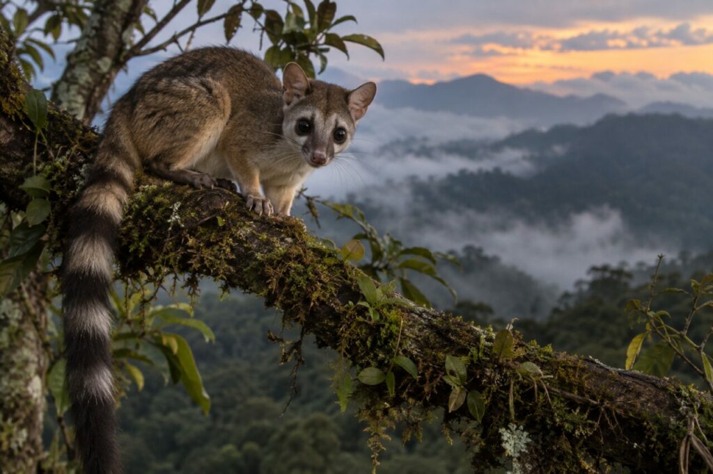 Cacomistle des forêts mexicaines — perched on a mossy branch at dusk