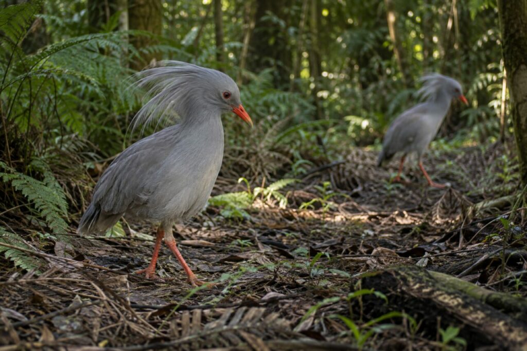 Kagu auf einem bemoosten Stamm im Regenwald Neukaledoniens