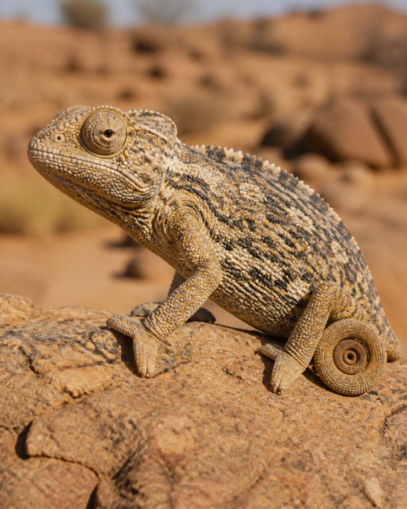 Occhio sporgente accanto alla pietra rossastra — Camaleonte del Namaqua