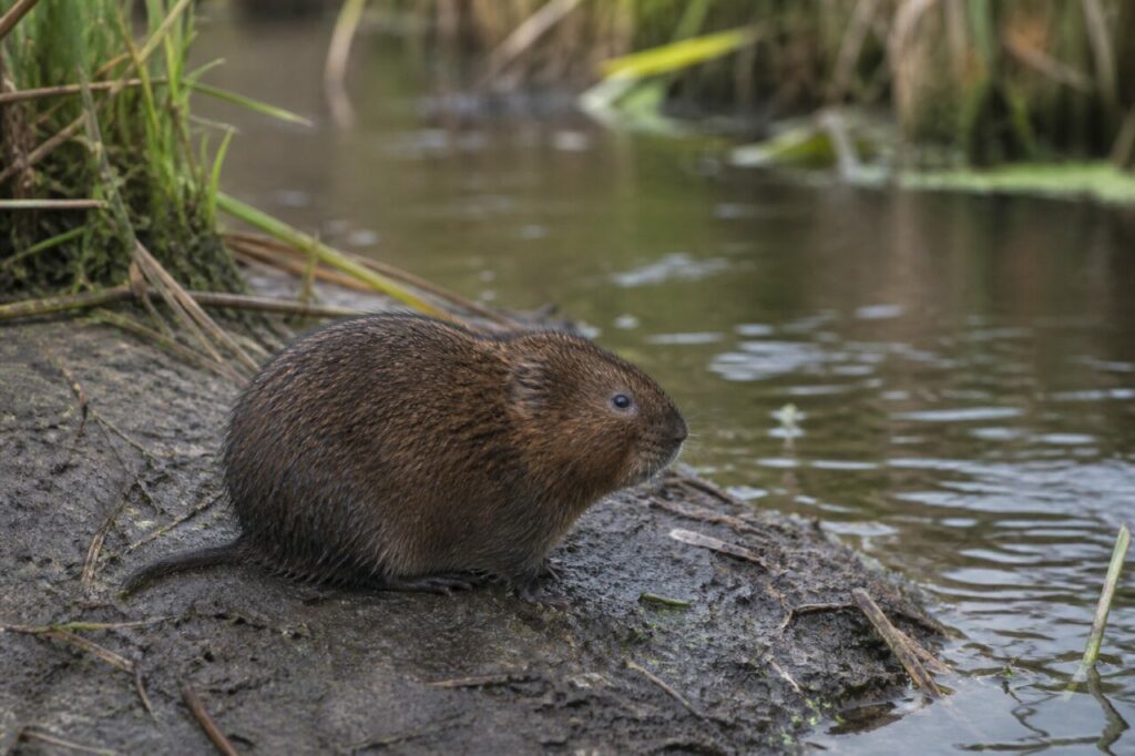 Rata de agua adulta en una orilla fangosa de arroyo europeo