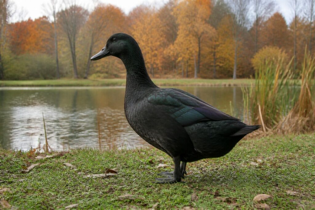 Canard Cayuga adulte dans une ferme des Finger Lakes, États-Unis