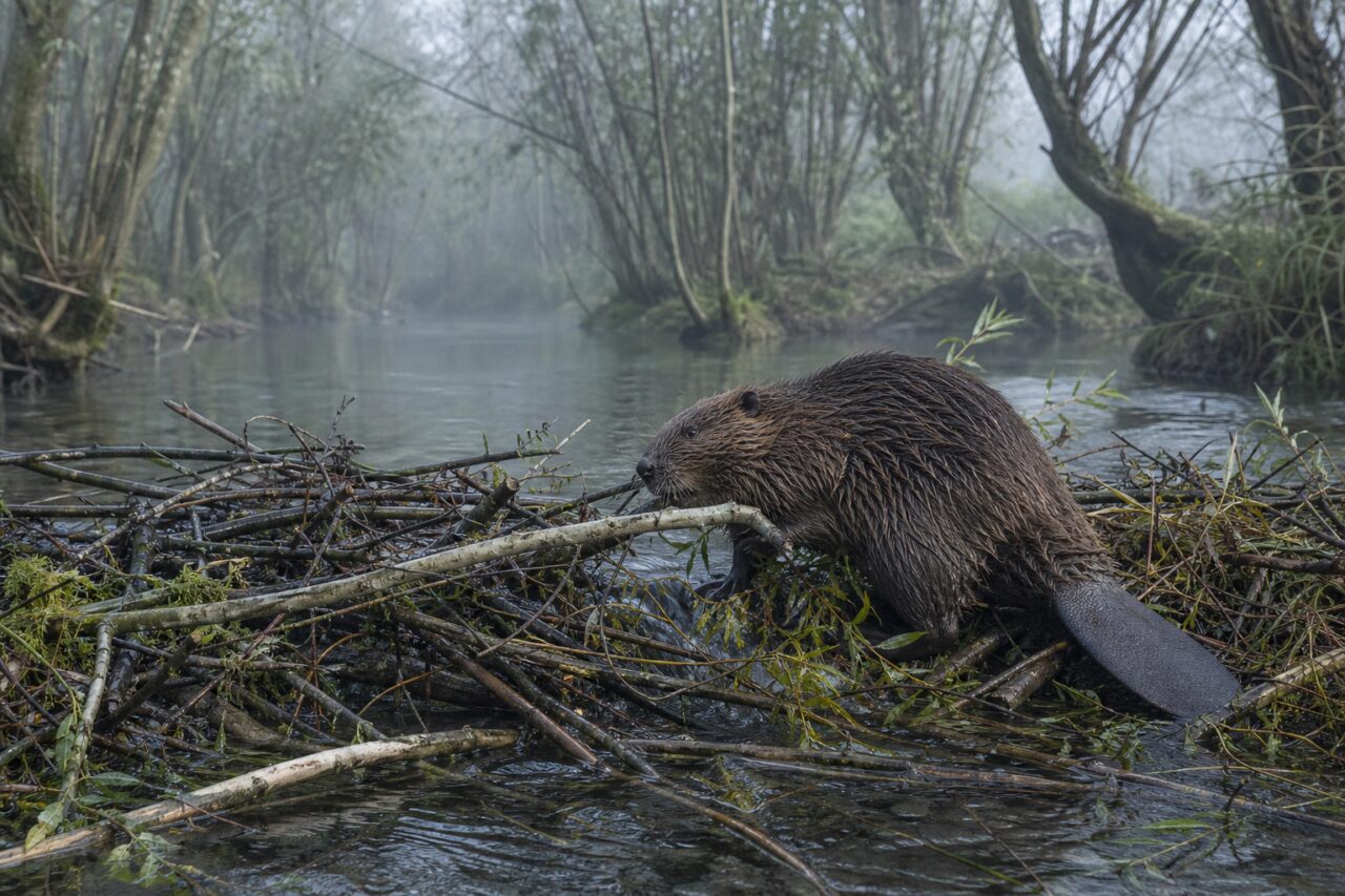 Castoro europeo costruisce una diga di salici in una golena nebbiosa