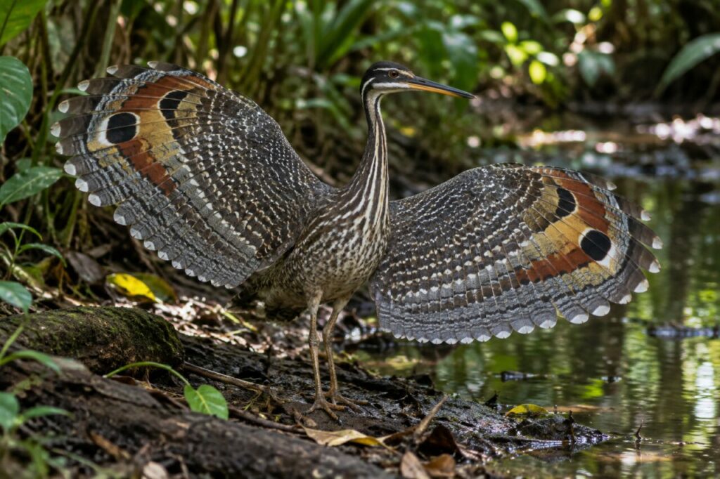 Sonnenralle — displaying its patterned wings