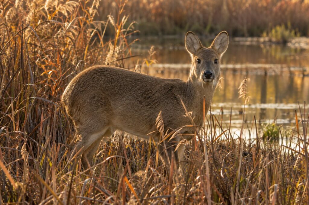 Dans les roseaux ambrés, le cerf d’eau chinois se tient près de l’eau calme