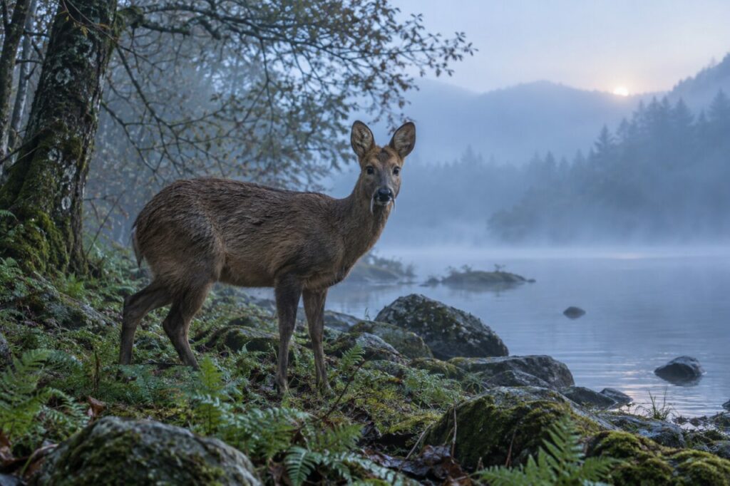 Face à un lac brumeux, le cerf d’eau chinois se tient entre les rochers moussus